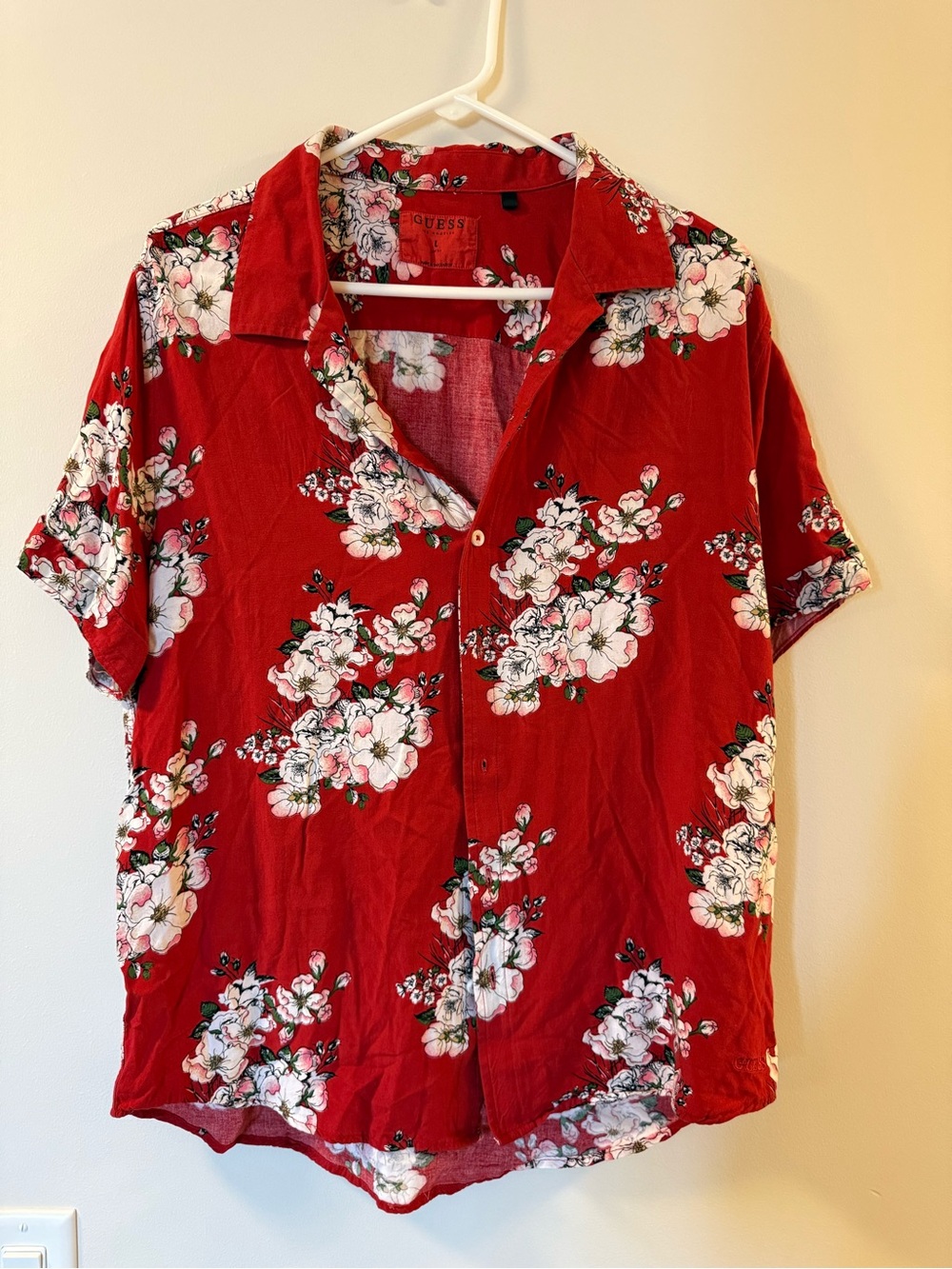 Guess Red Floral Button-Up with Pink and Green Accents